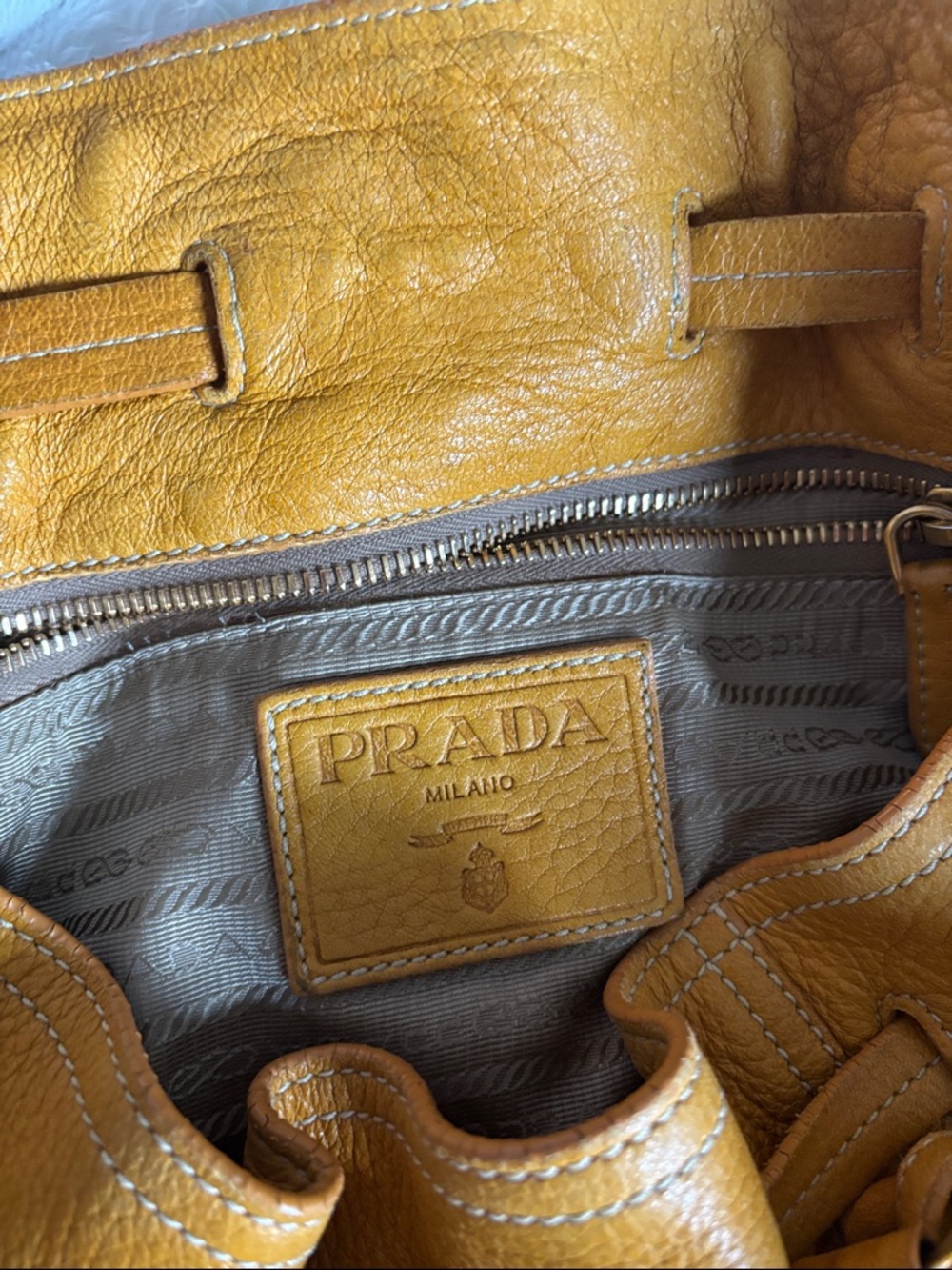 Prada Yellow-Tan Leather Drawstring Shoulder Bag - Picture 10 of 16